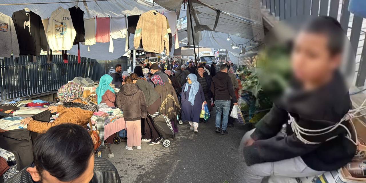 Pazarda eşofman çalan çocuğu yakalayıp iple bağladılar!